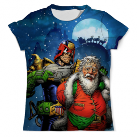 full_print_tee с принтом Judge Dredd Vs Father Xmas в Тамбове, Футболка с нанесением полноцветного изображения по всей поверхности может быть выполнена в двух вариантах - ХЛОПОК и СИНТЕТИКА. | Хлопок - ткань из 100% хлопка высшего качества пенье.  <br>Синтетика - ткань с высоким содержанием синтетического волокна (до 80%).  Материал хорошо тянется, имеет приятную на ощупь фактуру | 