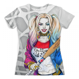 full_print_woman_tee с принтом Harley Quinn Design в Тамбове, Футболка с нанесением полноцветного изображения по всей поверхности может быть выполнена в двух вариантах - ХЛОПОК и СИНТЕТИКА. | Хлопок - ткань из 100% хлопка высшего качества пенье.  <br>Синтетика - ткань с высоким содержанием синтетического волокна (до 80%).  Материал хорошо тянется, имеет приятную на ощупь фактуру | Тематика изображения на принте: 