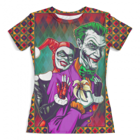 full_print_woman_tee с принтом The Joker&Harley Quinn Design (new) в Тамбове, Футболка с нанесением полноцветного изображения по всей поверхности может быть выполнена в двух вариантах - ХЛОПОК и СИНТЕТИКА. | Хлопок - ткань из 100% хлопка высшего качества пенье.  <br>Синтетика - ткань с высоким содержанием синтетического волокна (до 80%).  Материал хорошо тянется, имеет приятную на ощупь фактуру | Тематика изображения на принте: 